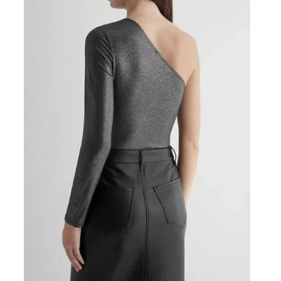 New NWT Express Body Contour One Sleeve Metallic Thong Body Suit XL Black Silver - Picture 2 of 10